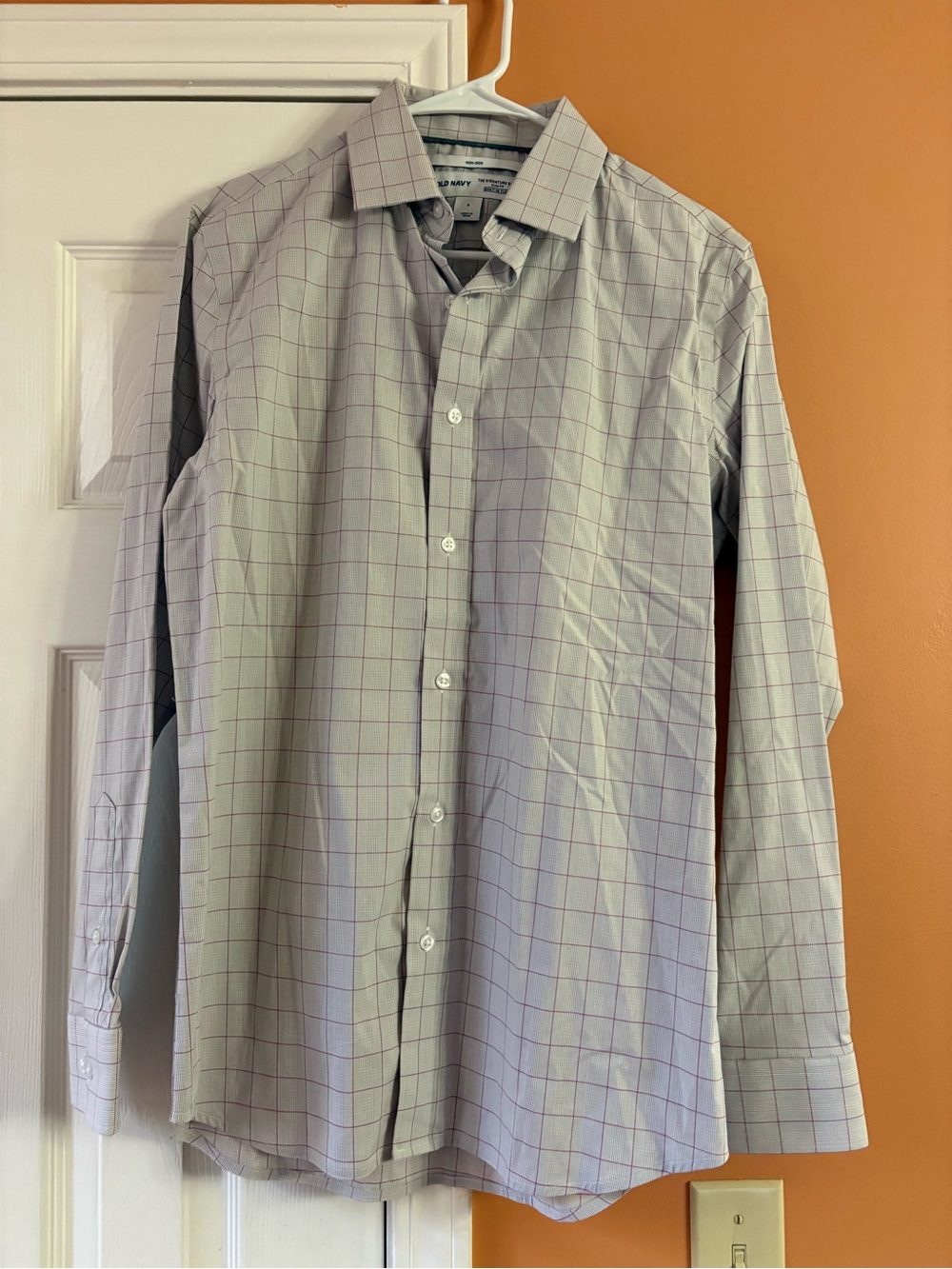 Old Navy Light Gray Windowpane Dress Shirt with Subtle Purple Grid